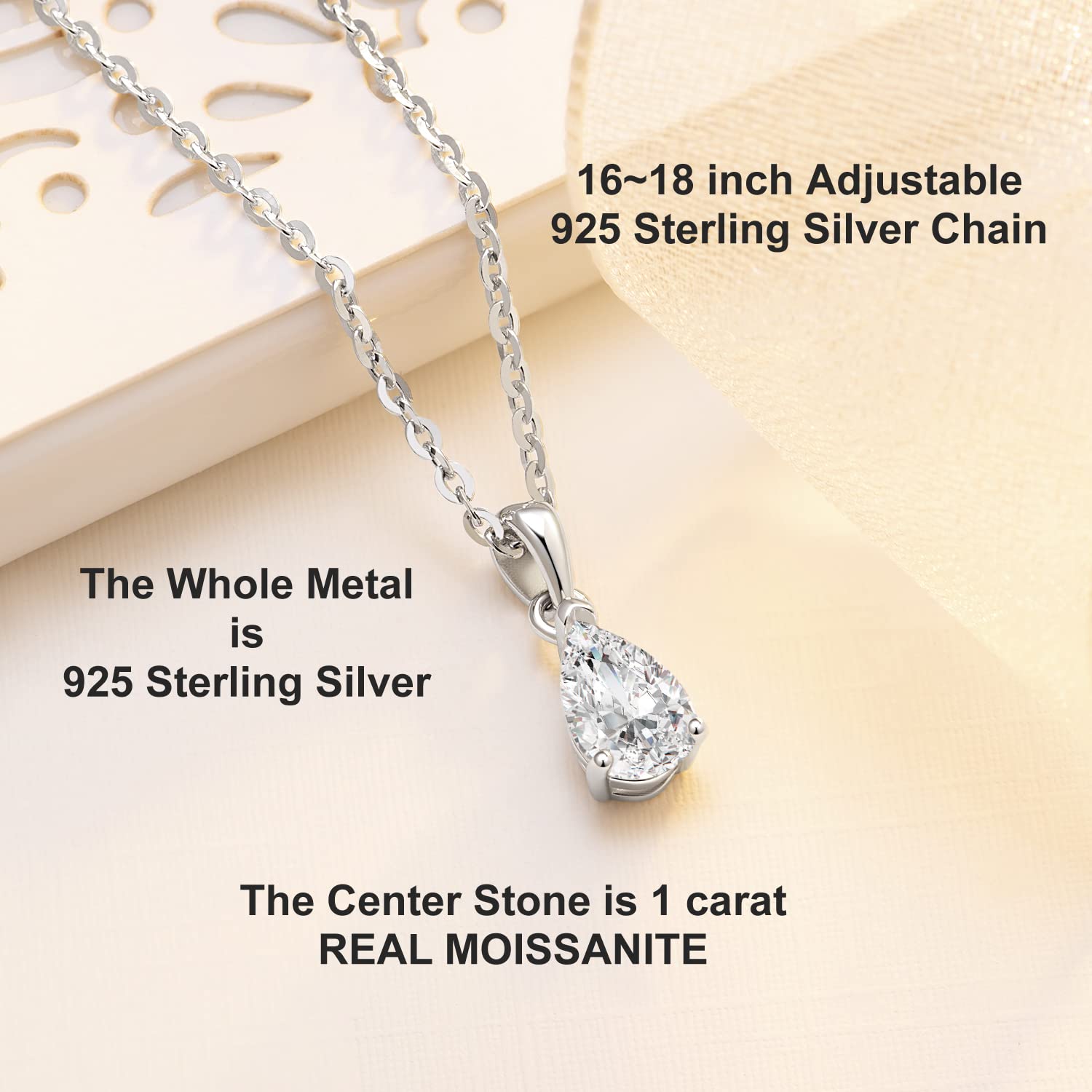 SecreTalk Moissanite Pendant Necklace for Women, 1CT D Color Ideal Cut 925 Sterling Silver Solitaire Diamond Necklace with Certificate of Authenticity (Pear Cut)