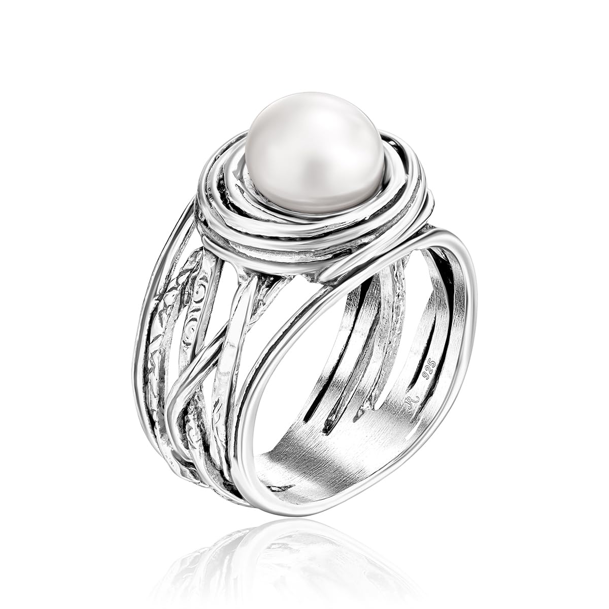 925 Sterling Silver Statement Ring Freshwater Pearl Floral Leaves Vintage Antique Casual Look Hypoallergenic Nickel and Lead-free Artisan Handcrafted Designer Collection, Jewelry Gift for Her Precious