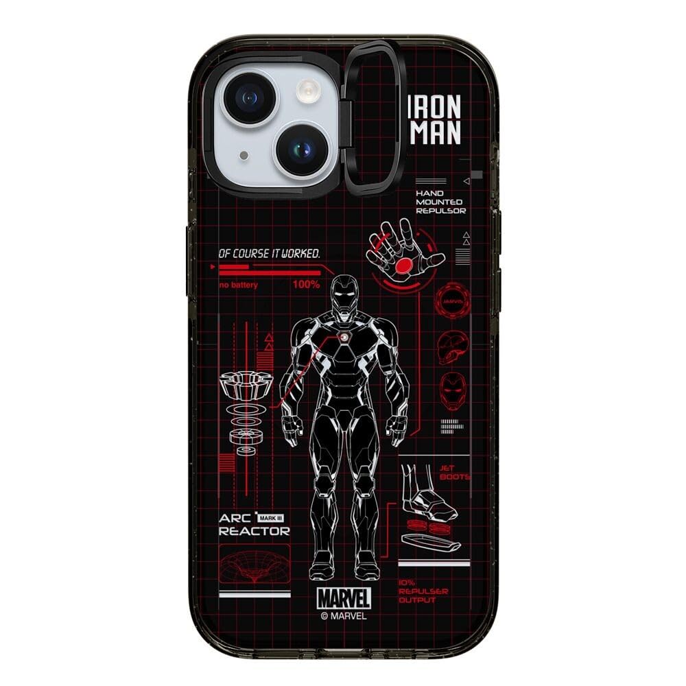 CASETiFY Impact Ring Stand iPhone 15 Case [Iron Man Co-Lab / 3X Military Grade Drop Tested / 6.6ft Drop Protection/Compatible with Magsafe] - Iron Man Blue Print Tech - Red - Clear Black