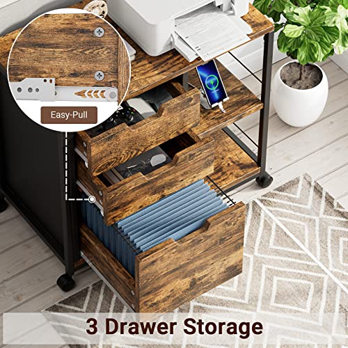 Himusi File Cabinet, Filing Cabinets for Home Office with Lock and USB Charging Port, 3 Drawer Wood File Cabinets for A4/Letter Size, Printer Stand with Storage