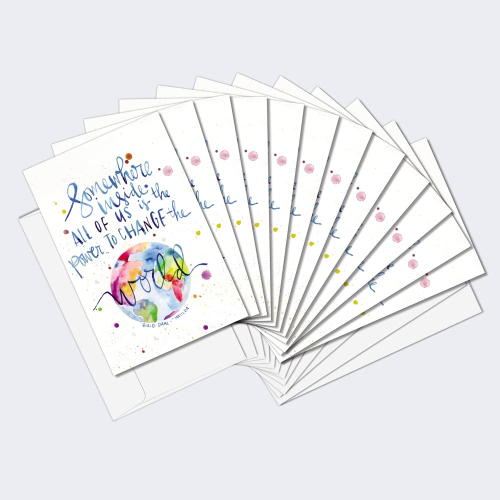 Tree-Free Greetings - All Occasion Cards - Artful Designs - 12 Cards + White Envelopes - Made in USA - 100% Recycled Paper - 4"x6" - Change the World (FS60009)