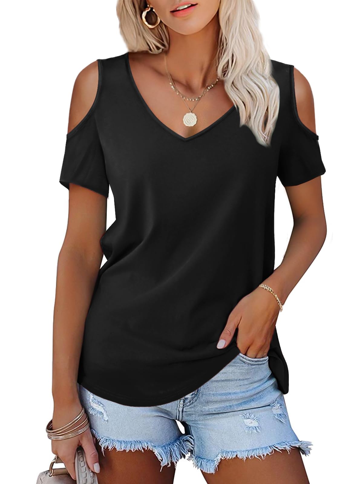 Amoretu Women Tops Open Shoulder Short Sleeve Loose T Shirt for Summer (Black,S)