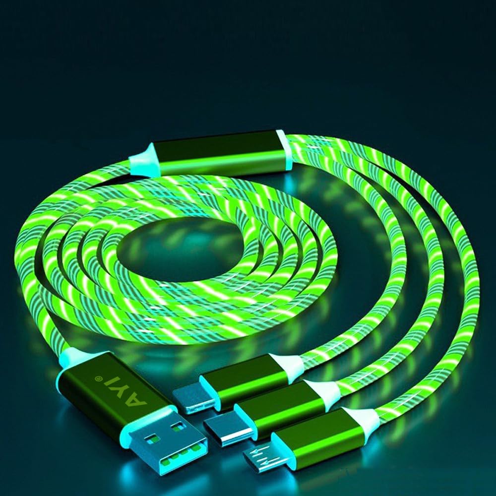 AYI 3 in 1 Multi Connectors Charger Cable Micro USB/Type C PD Fast Charging Cord Visible Lighted Up Green LED Current Flowing Compatible with Almost All Kinds of Electric Products-Green 39 inch