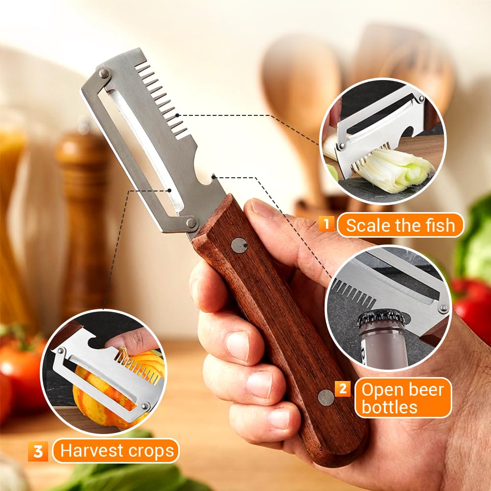 Multi-functional Vegetable Peeler for Kitchen, 2026 New Stainless Steel Peeler with Wooden Handle and Bottle Opener, Fruit and Vegetable Peeler Kitchen Tool for Fruit Veggie Pumpkin (1PC)