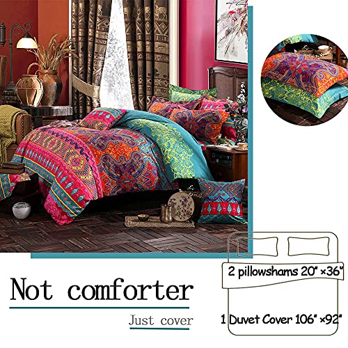 FADFAY Exotic Boho Duvet Cover Set King/California King 100% Brushed Cotton Soft Bohemian Bedding Red Teal Mandala Printed Bedding Reversible Striped Zipper Bed Comforter Cover + 2 Pillowshams