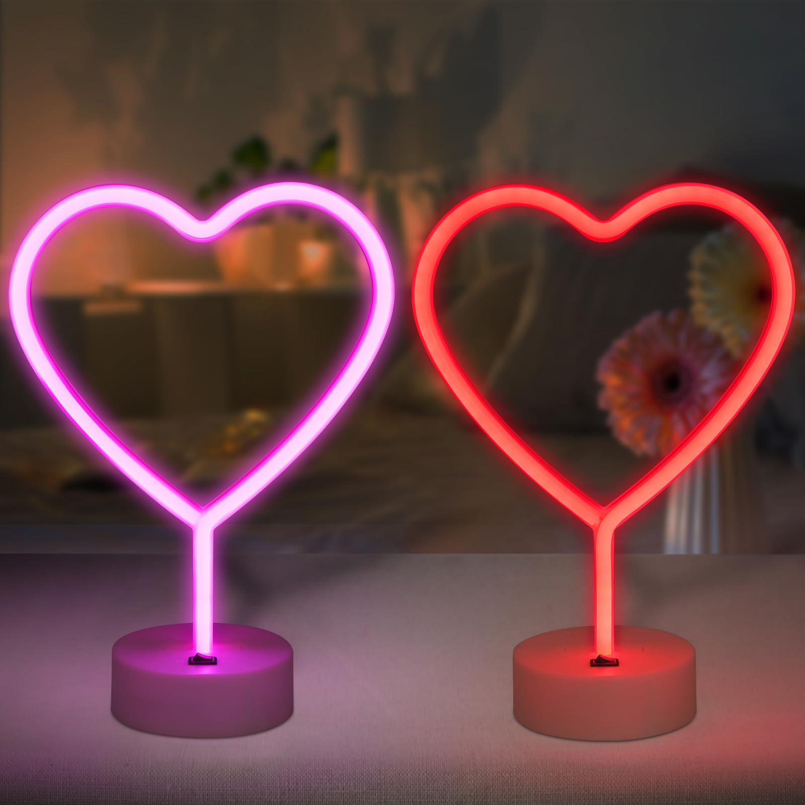 BRIGHTDECK 2 Pack Heart Neon Signs, LED Pink Heart Neon Lights Battery Operated or USB Powered Decoration Lamp, Neon Lights Heart Decor for Valentine's Day Gifts, Wedding, Party, Pink Room Decor