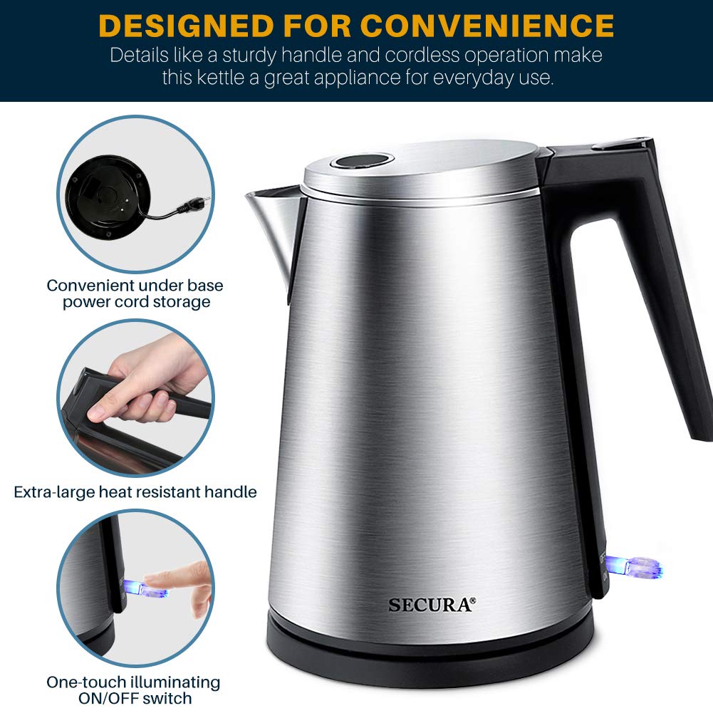 Secura Double Wall Stainless Steel Electric Kettle Water Heater for Tea Coffee w/Auto Shut-Off and Boil-Dry Protection, 1.5L/1.6Qt, Black