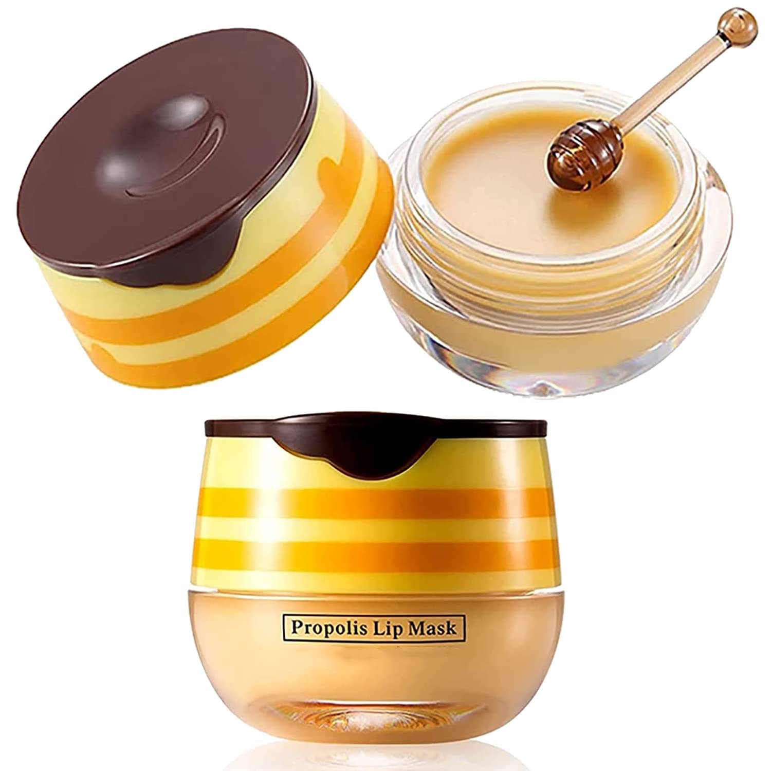 2PCS Lip Balm Honey Pot,Honey & Strawberry Lip Balm, Propolis Moisturizing Honey Lip Mask Lip Balm, Hydrating & Prevention Dry and Cracked Lip Scrubs Exfoliator