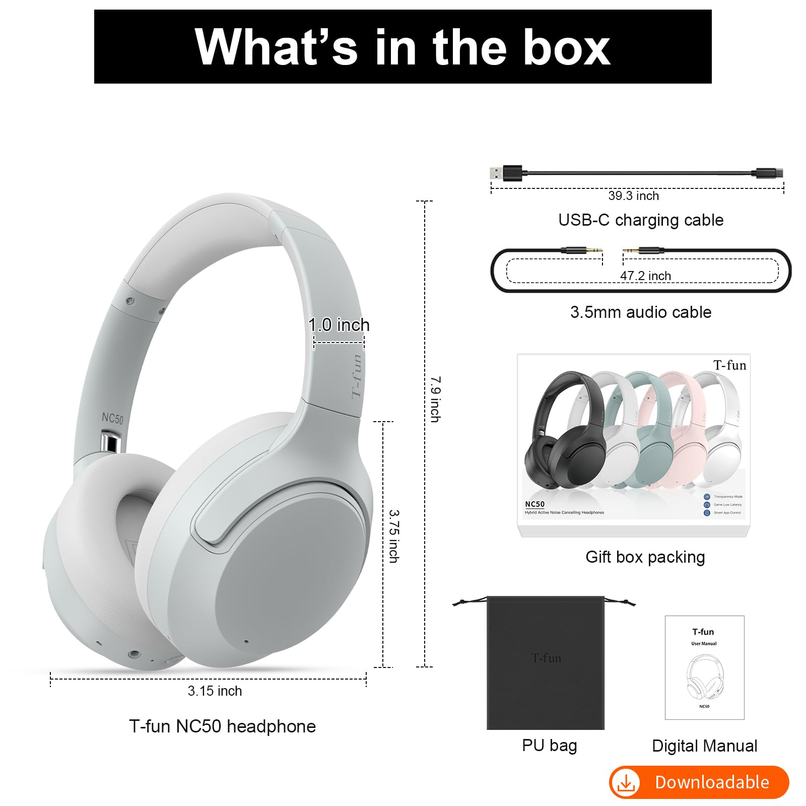 T-fun NC50 Hybrid Active Noise Cancelling Headphones Wireless Bluetooth 5.3, Foldable Over Ear Headphones, Custom EQ via App, 65 Hours Playtime, Low Latency Game Mode, Multipoint Connection