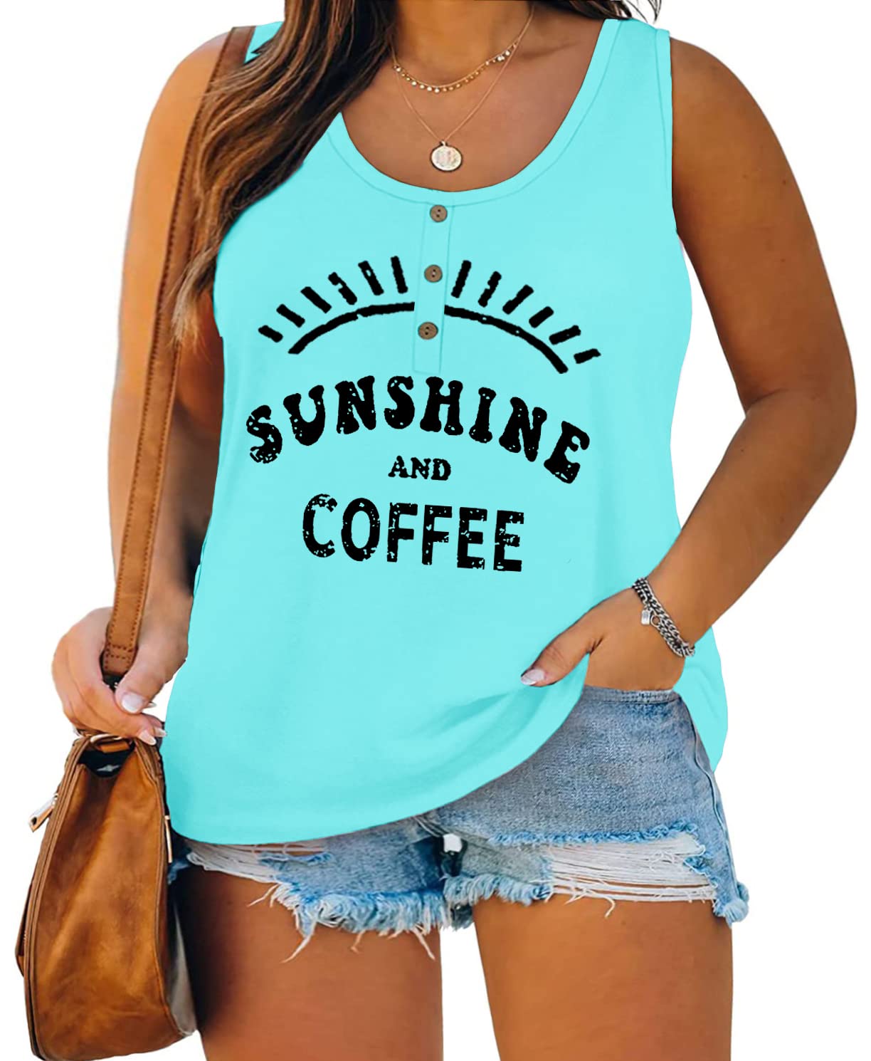 Plus Size Tank Tops for Women Summer Sleeveless Henley T-Shirts Tops Casual Sunshine Coffee Graphic Tee Tunics Shirts