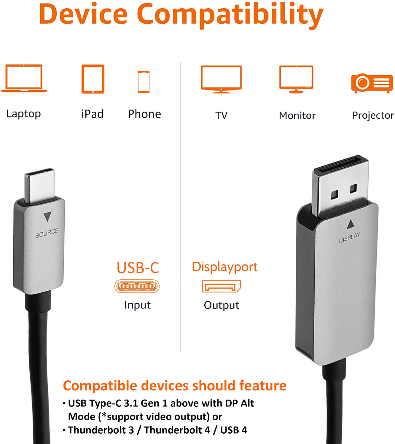 Amazon Basics Aluminum USB-C to DisplayPort Cable - 3-Foot