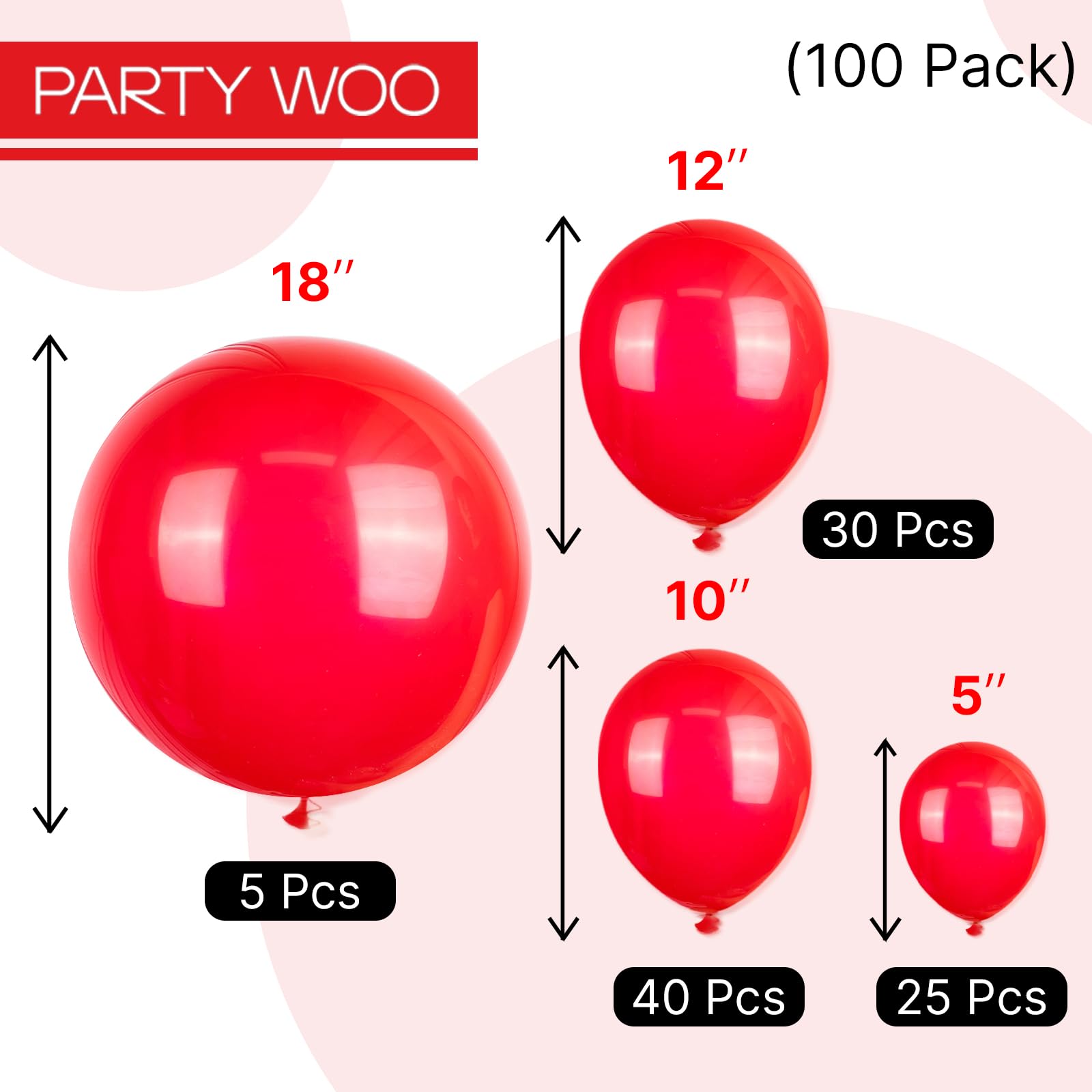 PartyWoo Red Balloons 100 pcs Different Sizes of 18 12 10 5 Inch Red Balloon Arch Kit Garland for Birthday Graduation Bachelorette Citizenship Anniversary Cherry Casino Theme Party Decorations Red-Y57