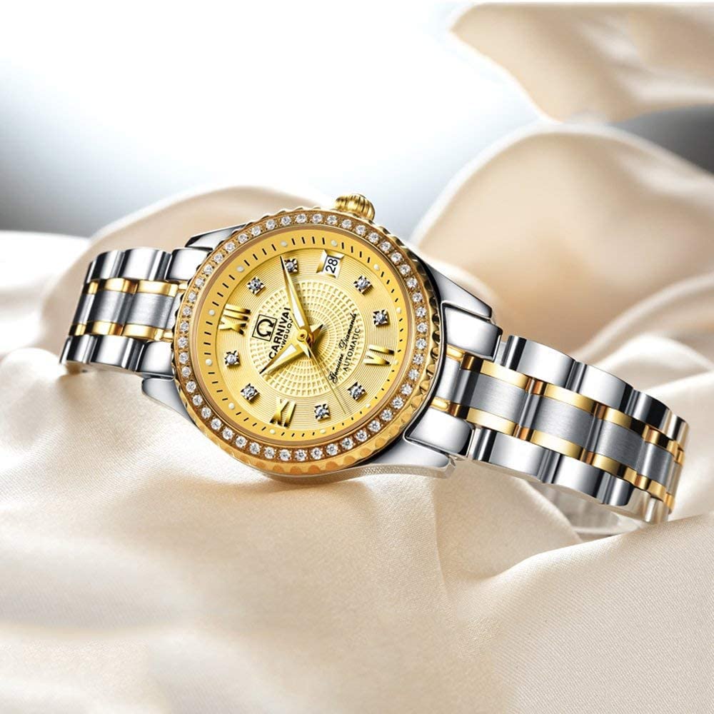 BESTKANG Luxury Watches Automatic Women's 50M Waterproof Calendar Stainless Steel Mechanical Watch Self Winding (Two Tone Gold)