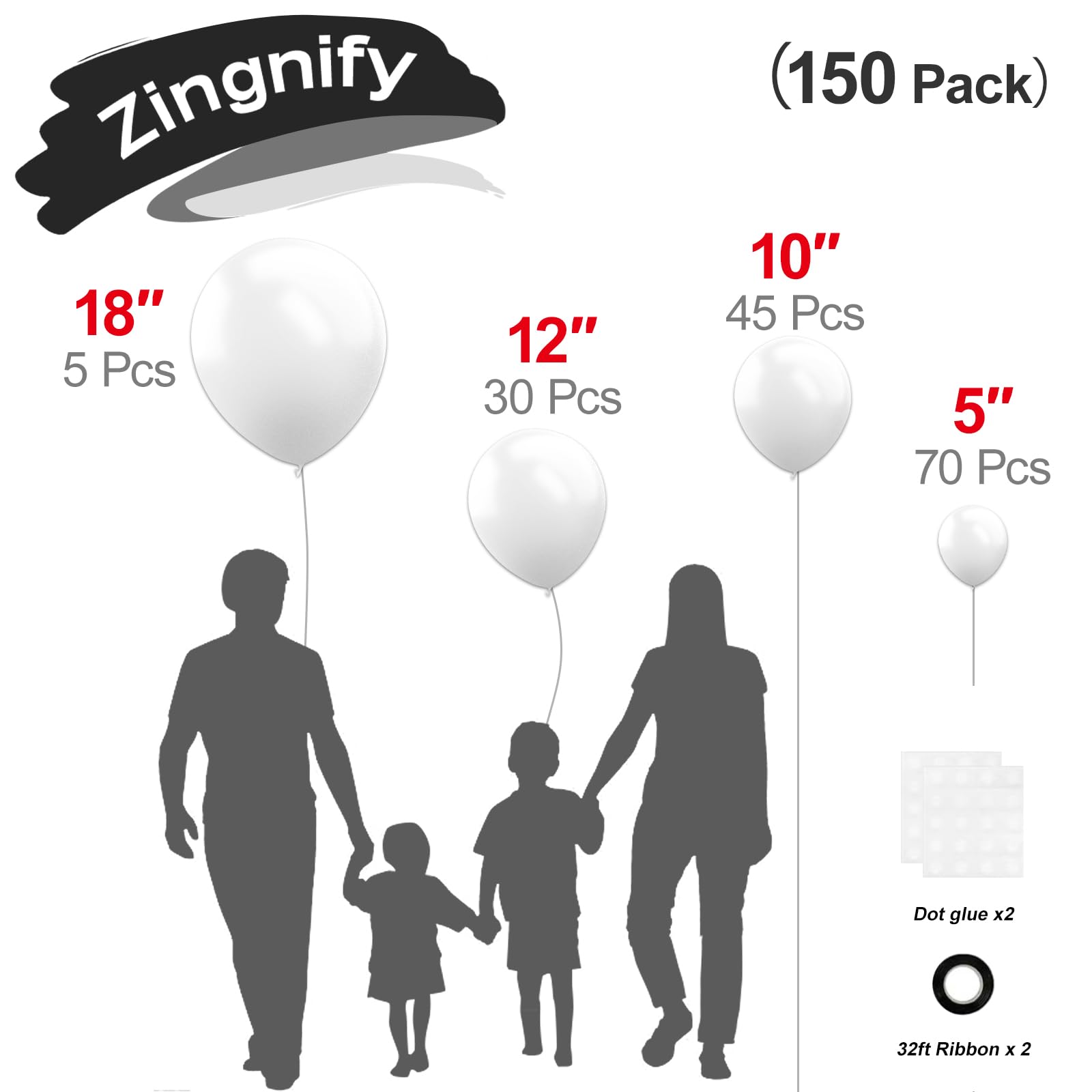 Zingnify White Balloons, 150 pcs Different Sizes Pack of 18 Inch 12 Inch 10 Inch 5 Inch Matte White Latex Balloons for Balloon Garland Balloon Arch as Birthday Party Wedding Decorations