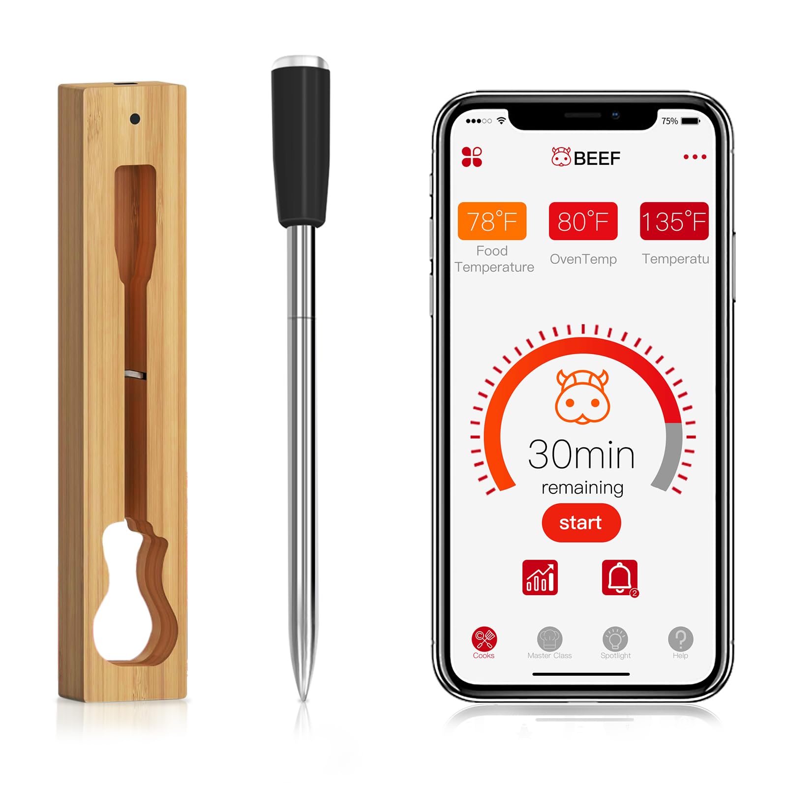 Smart Wireless Meat Thermometer, Bluetooth Meat Thermometer Wireless with App-Enabled Technology for BBQ, Grill, Oven, Smoker, Perfect for Steak, Chicken, Turkey | Dishwasher Safe