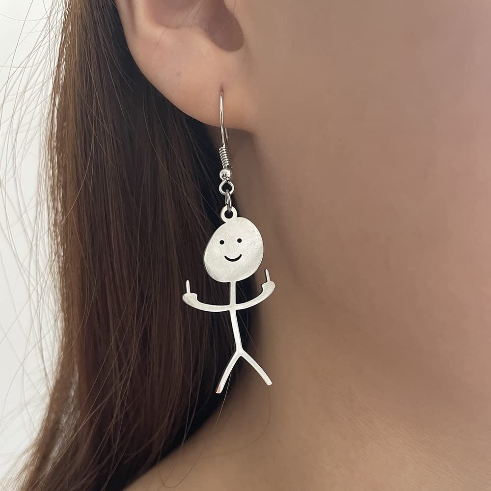 COLORFUL BLING Set Funny Doodle Smile Face Necklace Earrings Chain Link Pendant Necklace Drop Dangle Earrings for Women Men Jewelry Gifts Unique Handmade Aesthetic Trendy Simple-Silver