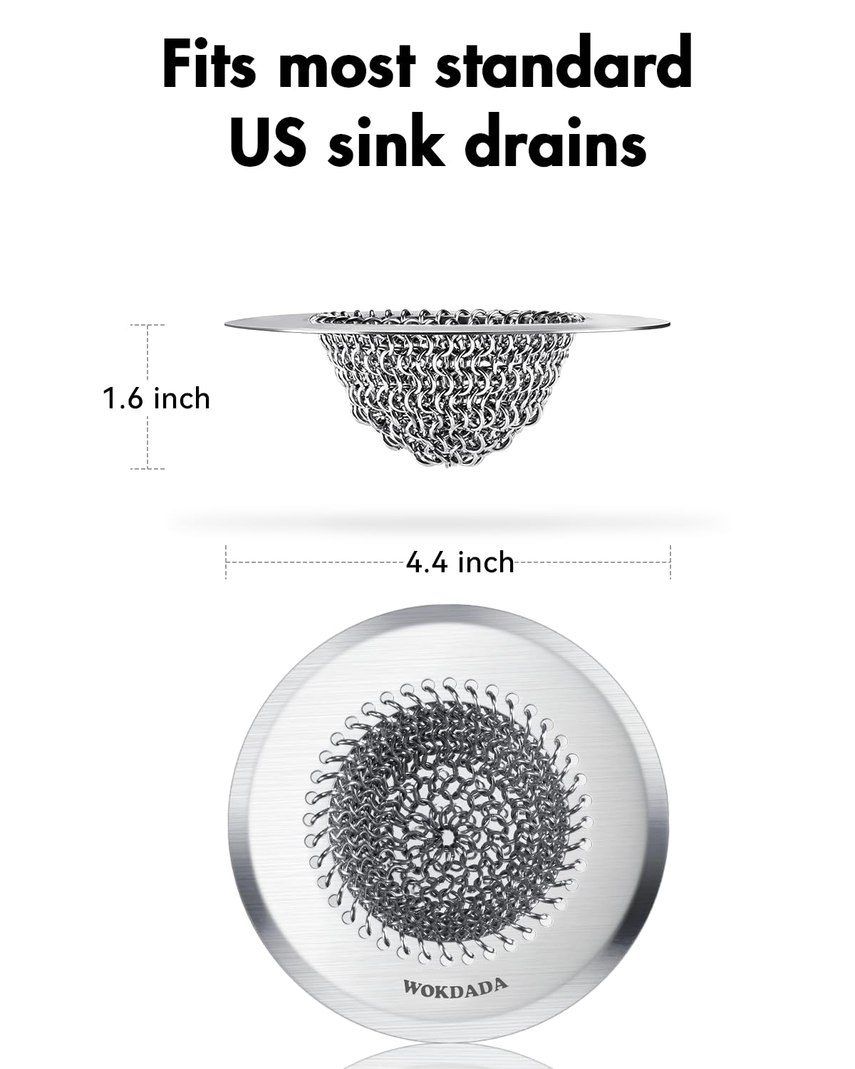 Wokdada Revolutionary Kitchen Sink Drain Strainer/Patented Reversible Chain Mesh, Effortless Cleaning & Debris Catcher, Large Capacity, No Clog, 304 Stainless Steel & Rust-Proof/Handmade