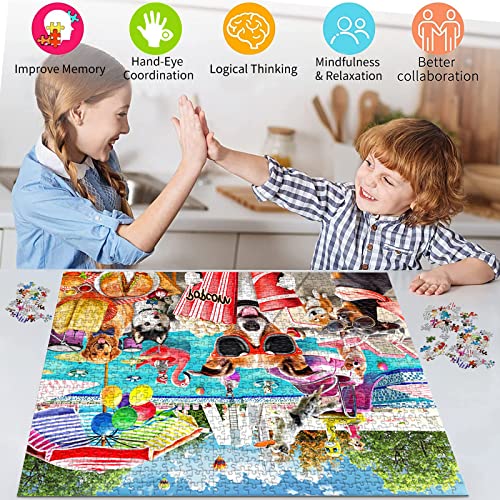 HUADADA Jigsaw Puzzles 1000 Pieces for Adults, Fun at The Amusement Park Dog Puzzles for Adults and Kids Unique Shape Pieces Funny Puzzles (27.56" x 19.69")