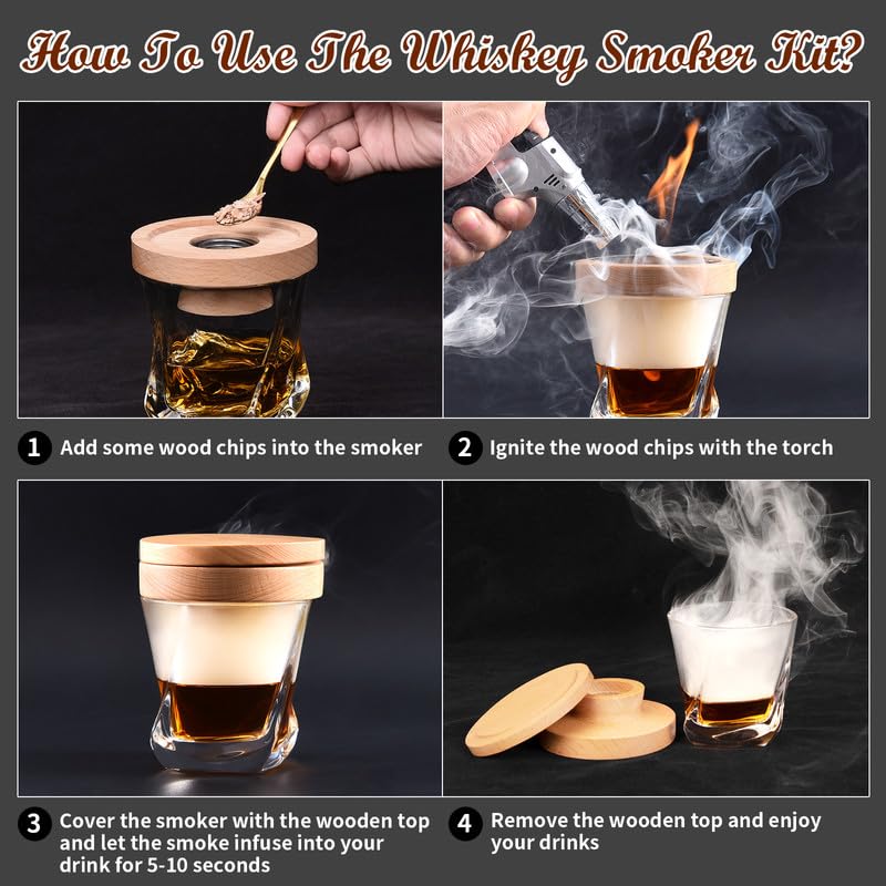 Cocktail Whiskey Smoker Kit with Torch, Old Fashioned Bourbon with 4 Flavored Smoking Wood Chips, Drink Smoker Infuser Kit Gifts for Cocktail Lovers, Men, Dad, Husband, Boss, Boyfriend (No Butane)