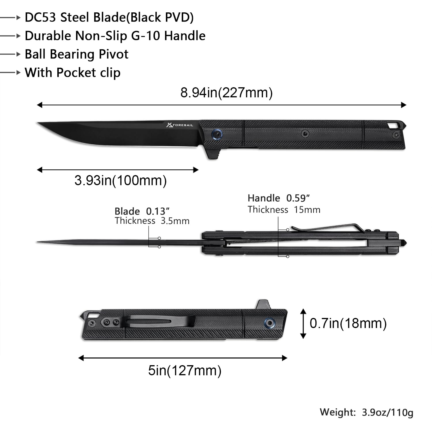 FORESAIL Flipper Pocket Folding Knife,DC53 Steel Blade and G10 Handle. With pocket clip and glass breaker,men's pocket knife hiking trip EDC tool Knife (Black PVD Blade-D)