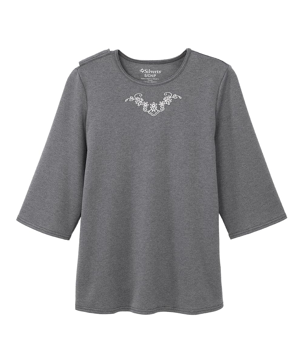 Women’s Open Back Adaptive Warm Winter Weight Top for Seniors - 3/4 Long Sleeve Scoop Shirt - Grey LGE