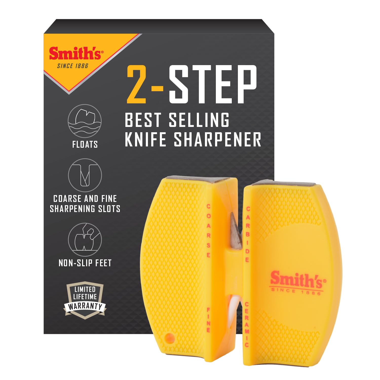 Smith's CCKS 2-Step Knife Sharpener - Yellow - 2-Step Preset Coarse & Fine Slots - Outdoor Handheld Knife Sharpener - Fishing, Hunting, Fillet, Pocket Knives - Compact Plastic Portable Keychain Tool