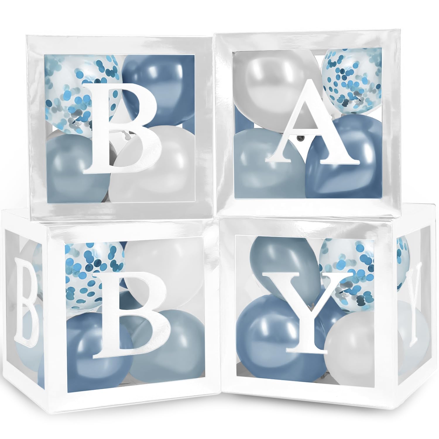 Balloon Garland Arch Kit – 146 Pcs Dusty Blue, White, Light Blue & Confetti Balloons & Baby Shower Boxes with Letters – White Boxes with White, Dusty Blue, Light Blue and Confetti Balloons