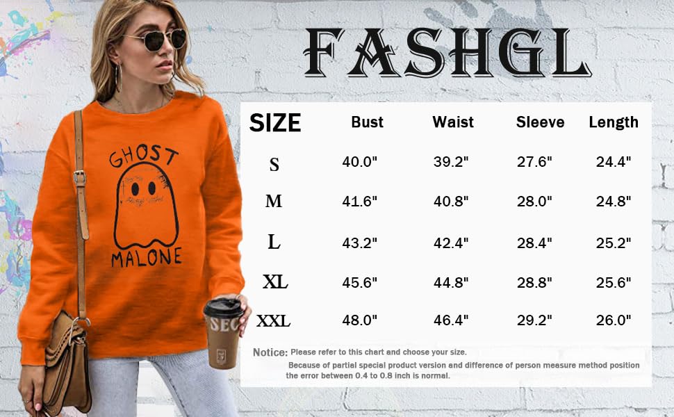 FASHGL Ghost Sweatshirt Women Funny Halloween Pullover Spooky Graphic Blouse Casual Long Sleeve Tee Tops Black