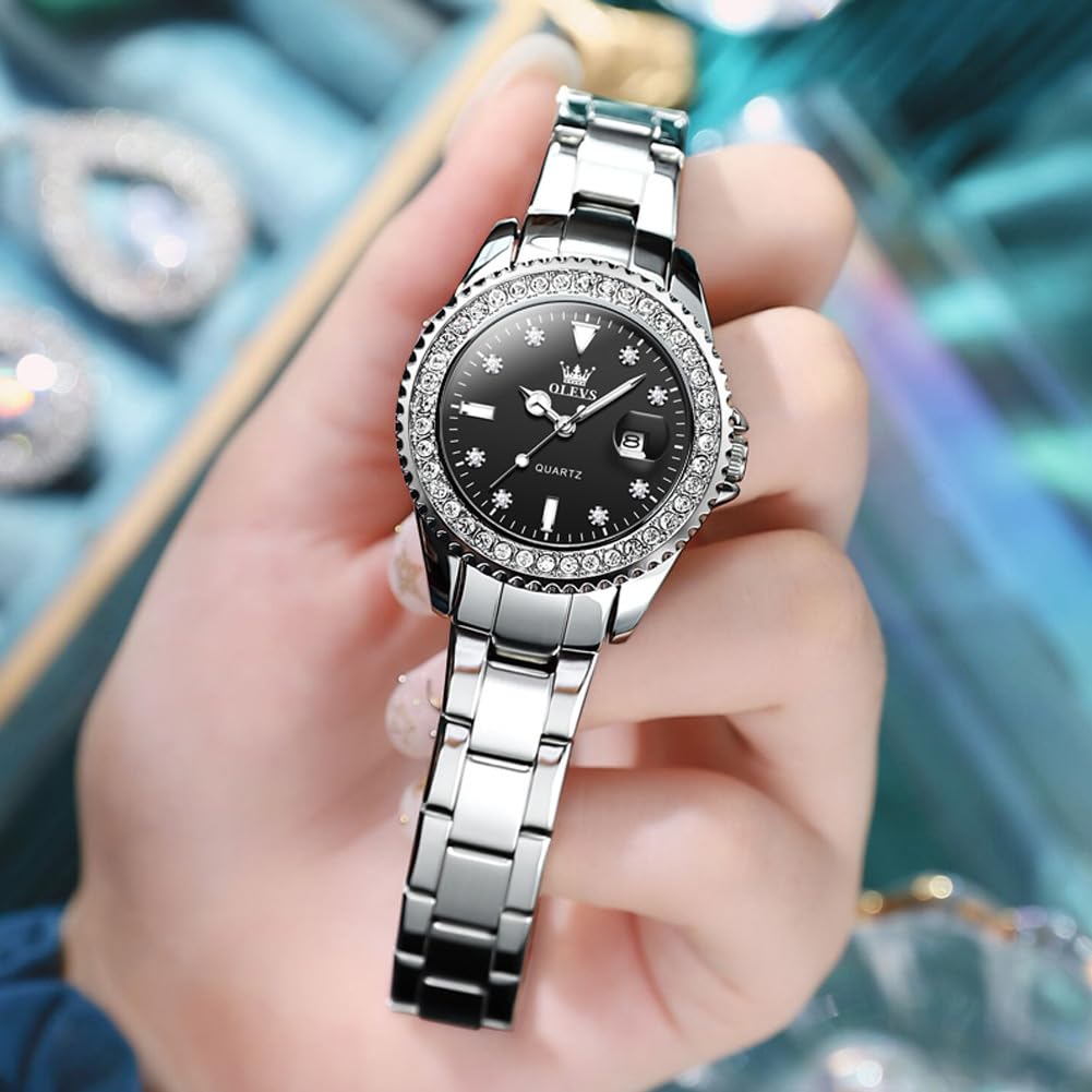 OLEVS Small Women Watches Classic Dress Lady Watches with Date Black Ladies Watch, Stainless Steel Waterproof Analog Quartz Woman Wrist Watch