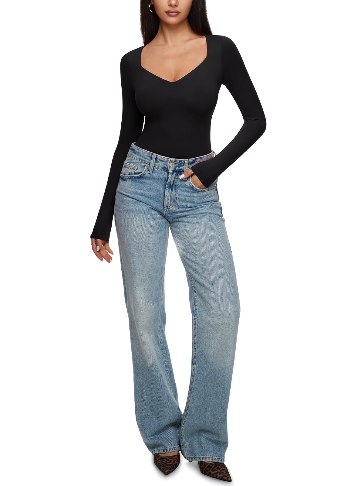 REORIA Long Sleeve Bodysuits for Women Square V Neck Going Out Top Double Lined Thong Body Suit Sexy Slimming Shirt 2025 Fall Black Onyx Large