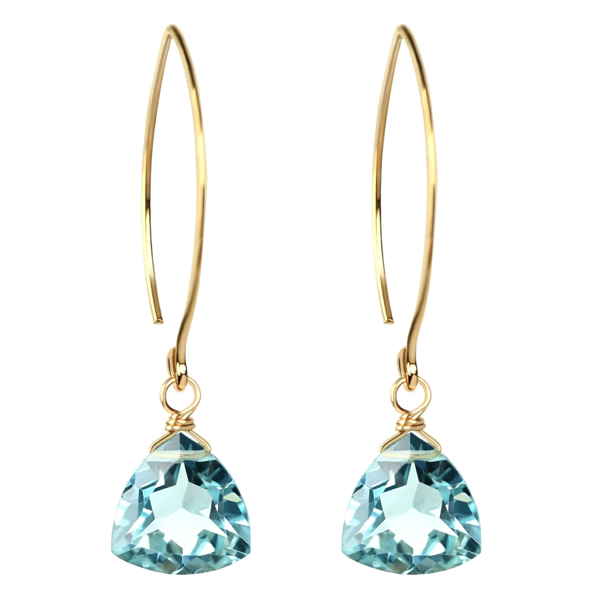 Aquamarine Blue Quartz Trillion 14k Gold Plated Sterling Silver Earrings