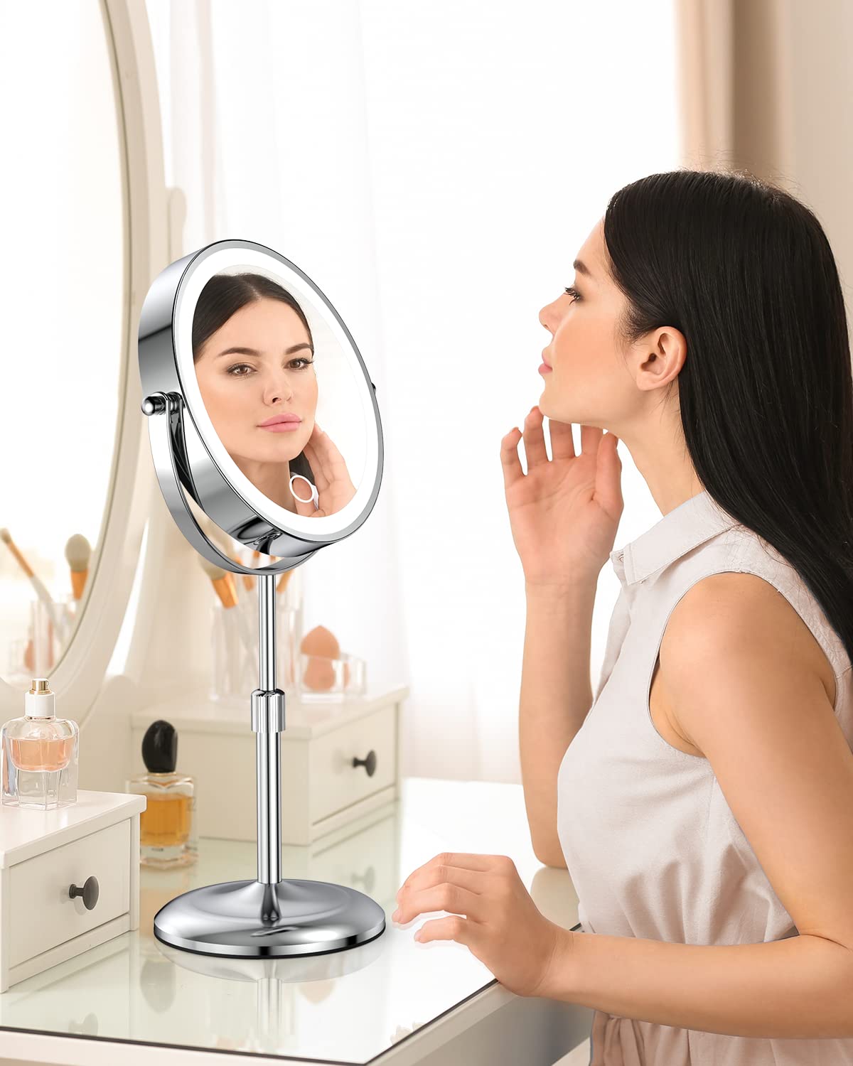 Benbilry Lighted Makeup Mirror with 10X Magnification & 3 Color Lights, Adjustable Brightness & Height, 7 Inch 360° Swivel Rechargeable LED Magnifying Mirror Make Up Mirror with Lighting (Silver)