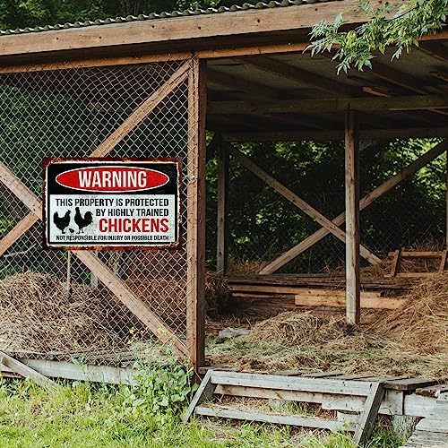 Funny Chicken Sign, Metal Chicken Coop Tin Signs, This property is protected by chickens, Yard Sign Garage Farm Garden Wall Decor Sign Plaque Outdoor for Home Fence 8 X 12 Inches