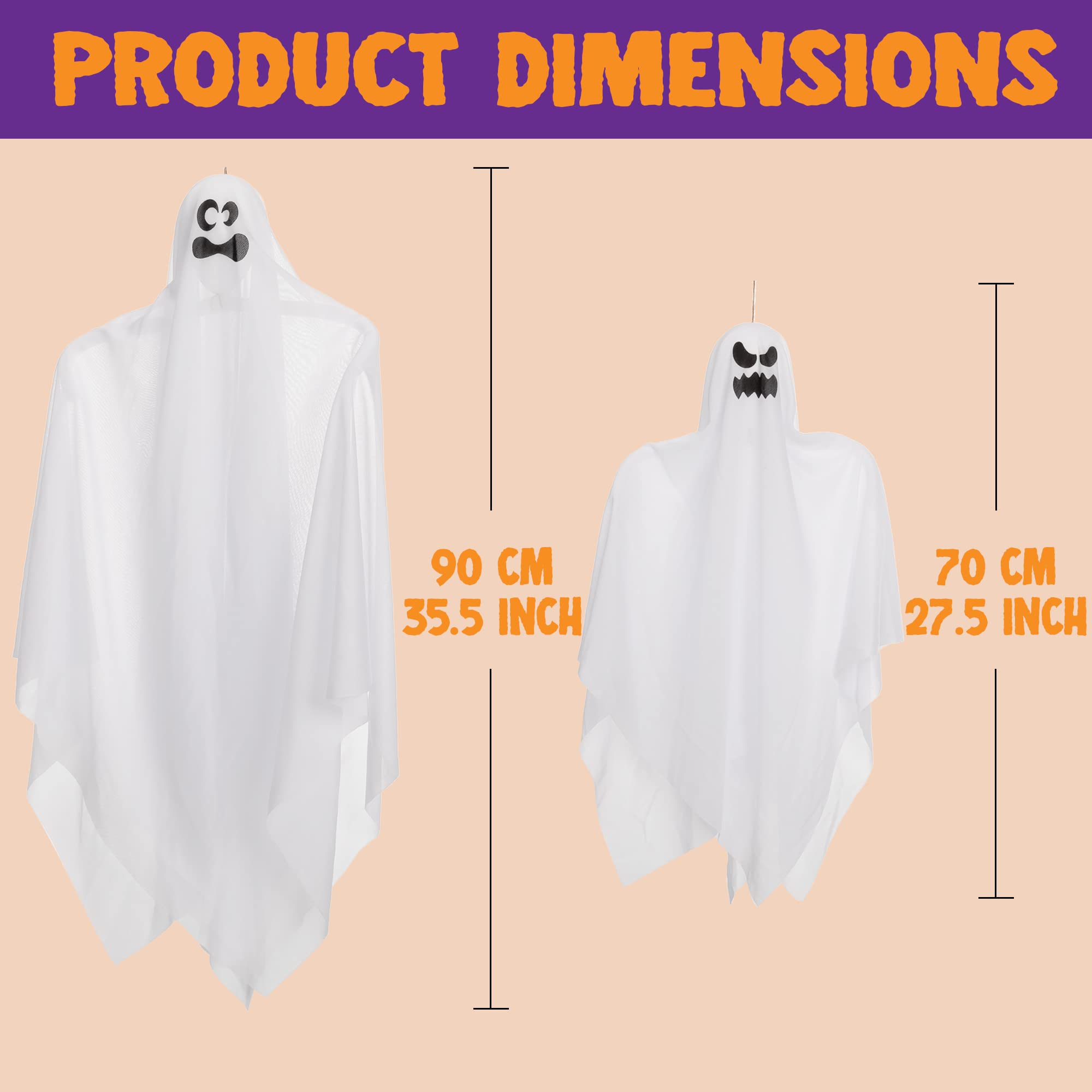 JOYIN Halloween Hanging Ghosts(4 Pack) Two in 35.5” and Two in 27.5” for Halloween Party Decoration, Cute Flying Ghost for Front Yard Patio Lawn Garden Party Décor and Halloween Hanging Decorations