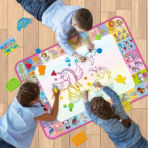 Aqua Water Doodle Mat - Kids Drawing Mat Toddlers Educational Toys for Age 3 4 5 6 7 8 Year Old Boys Girls Gifts - Neon Color Mat Doodle Board Writing Drawing Toys Holiday Christmas Birthday Gifts