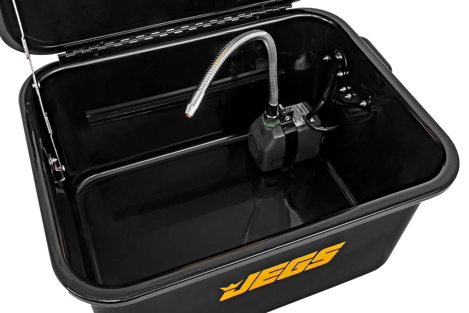 JEGS 5-Gallon Portable Parts Washer | 3.5 Gallon Solvent Capacity | 3.96 Gallon Per Minute Max Pump Output | Heavy Duty Steel | Powder Coated Black with JEGS Logo
