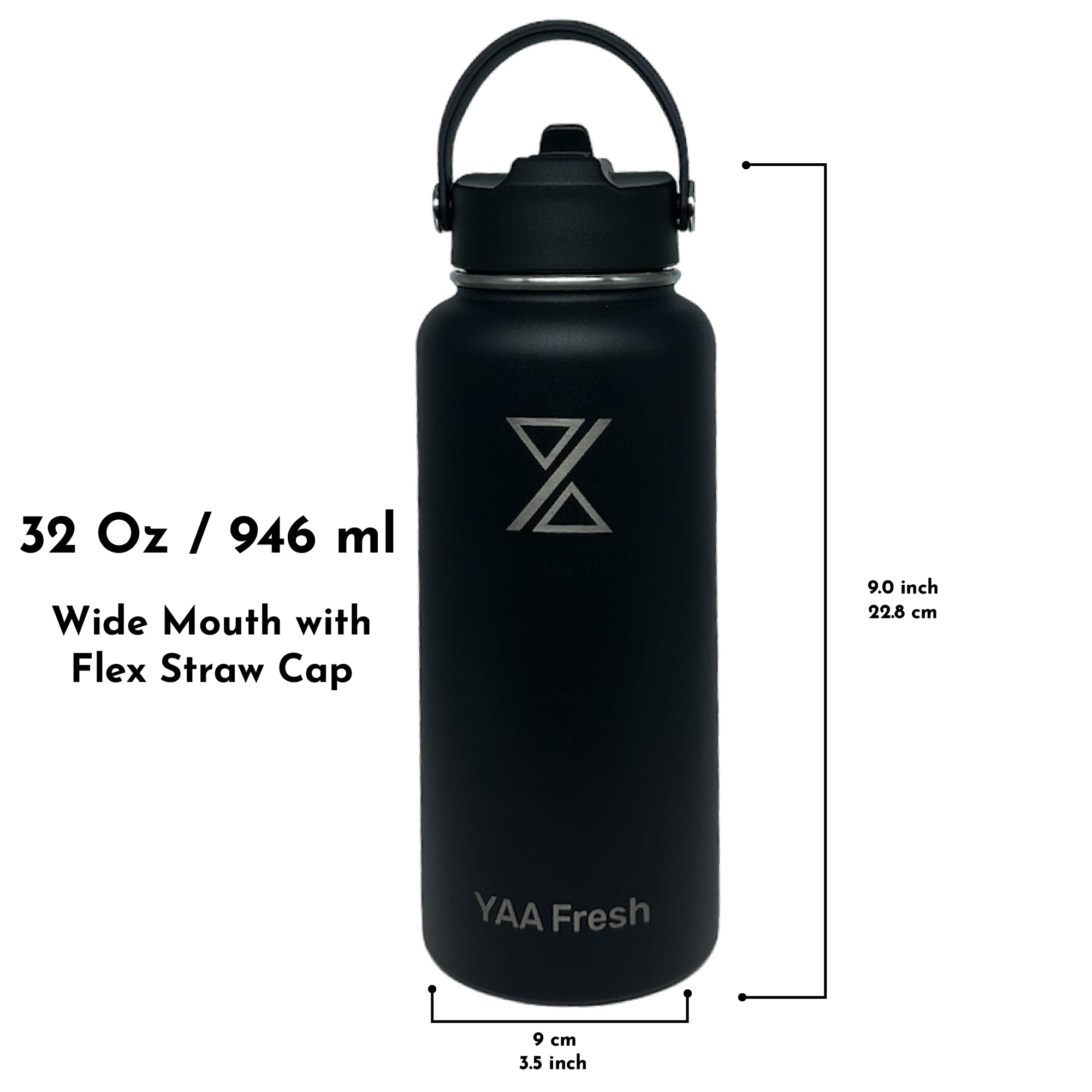 Yaa Fresh 32Oz BPA-Free 24 Hr Cold/12 Hr Hot Insulated Stainless Steel Sports Water Bottle with Straw and Lid, Food-grade Double Walled, Leakproof, Insulated Thermos, Wide Mouth for Men, Women & Kids