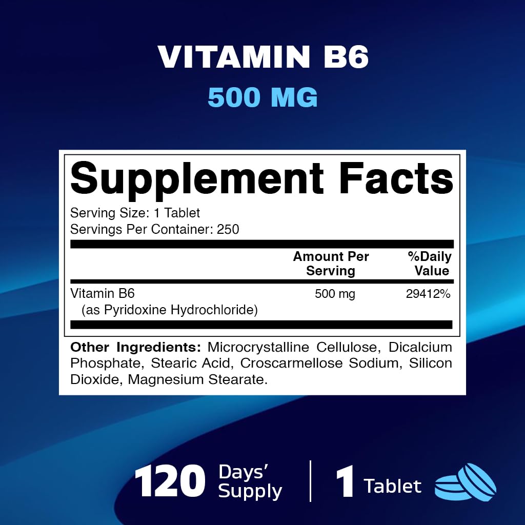 Vitamatic Vitamin B6 (Pyridoxine HCI), 500 mg 120 Vegetarian Tablets - Promotes energy production, boosts metabolism and immune health support