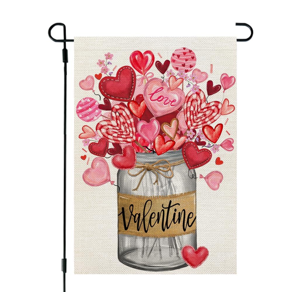 CROWNED BEAUTY Valentines Day Mason Jar Garden Flag 12x18 Inch Double Sided for Outside Small Burlap Heart Holiday Yard Flag