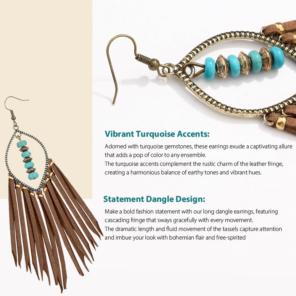 WZJLY 1 Pair of Zinc Alloy Turquoise Copper Beads Bohemian Pure Handmade Tassel Earrings (Brown)