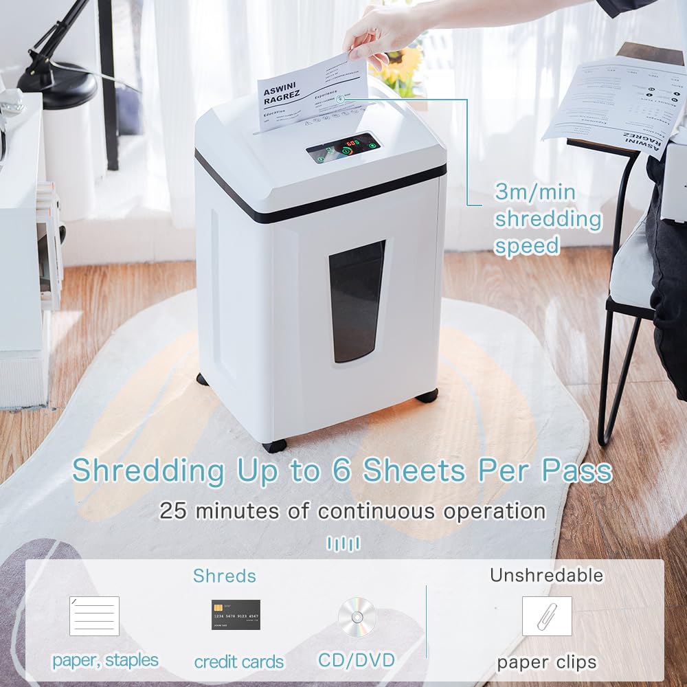 Kitnery Micro Cut Paper Shredder: 3/64''x3/64'' 1*1mm P7 High Security Heavy Duty Shredder for Home Office 6 Sheets, 56dB Commercial Shredder Credit Card/Staple/CD/DVD, Runs for 25min with 6 Gal Bin