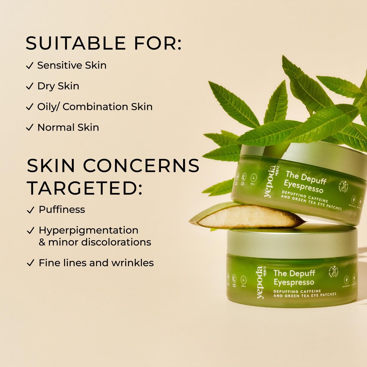 Yepoda The Depuff Eyespresso, Depuffing Caffeine & Green Tea Eye Patches, Reduce Puffiness & Rejuvenates Tired Under Eye Area, Vegan Korean Eyepatches for All Skin Types, 60 pcs / 90 g (3.17 OZ.)