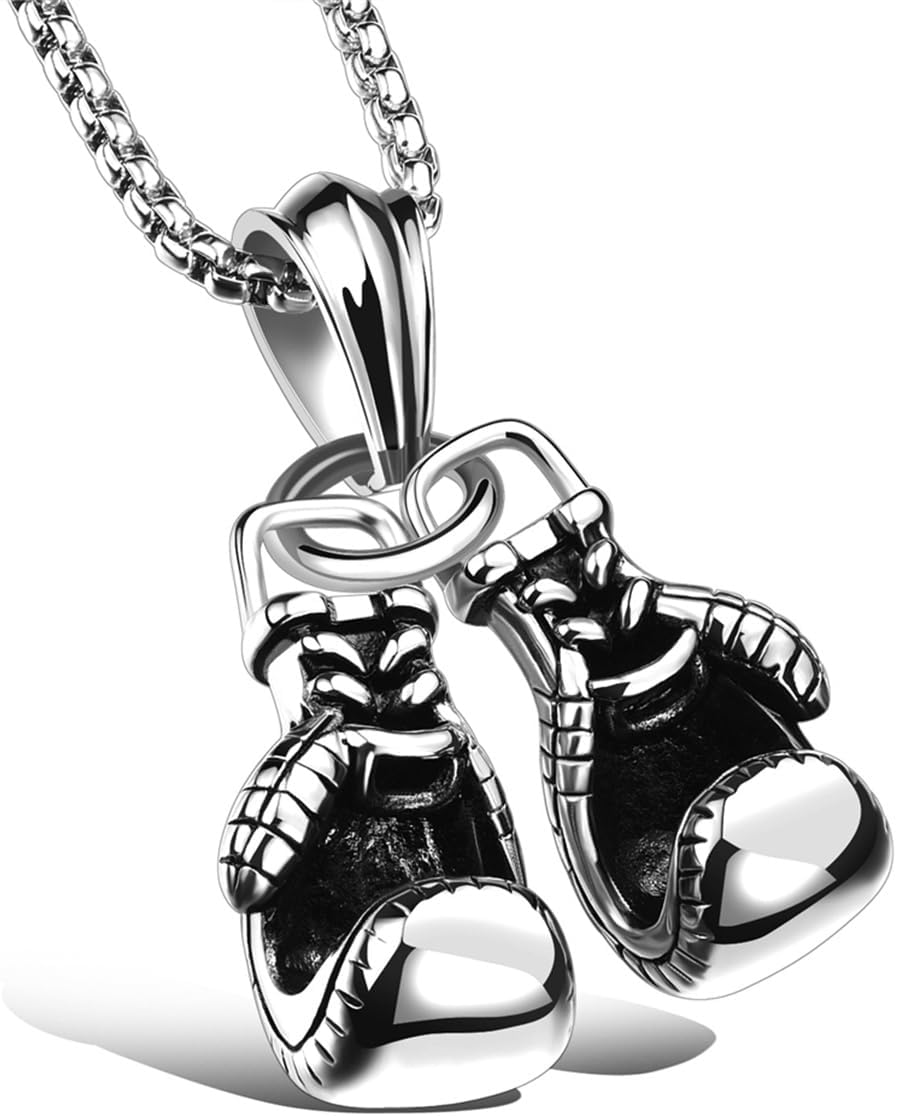 LXSSLY Silver Boxing Gloves Necklace,Punk Boxing Chain,Goth Boxing Glove Charm Pendant Necklace,Stainless Steel Necklace for Men Women Boys