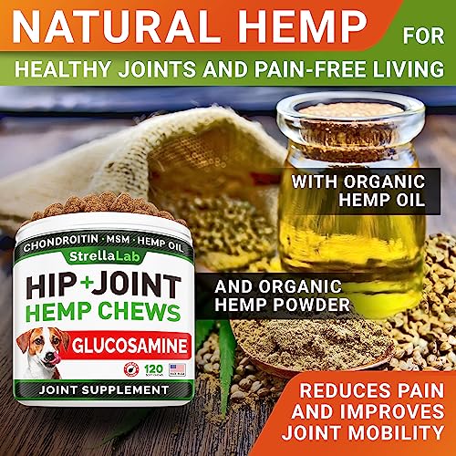 Advanced Hemp + Glucosamine Dog Joint Supplement - Hip Joint Pain Relief - Mobility Hemp Chews for Dogs - Chondroitin, MSM, Omega - Hemp Oil Treats - Made in USA - Lamb Flavor - 120 Hemp Treats