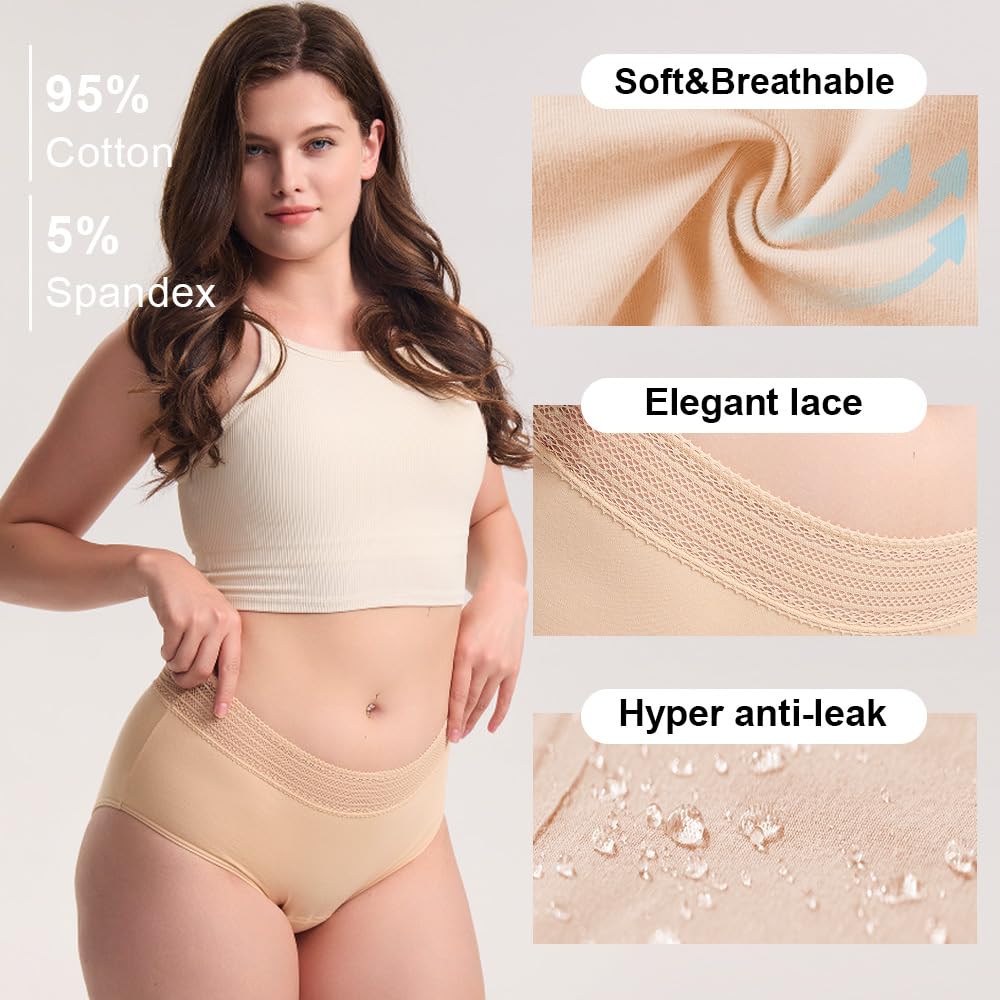 BATTEWA Incontinence Underwear for Women Hi-Waist Leakproof Underwear Postpartum Protective Washable Cotton Full Coverage Absorbency (3Color,Large,3-Pack)