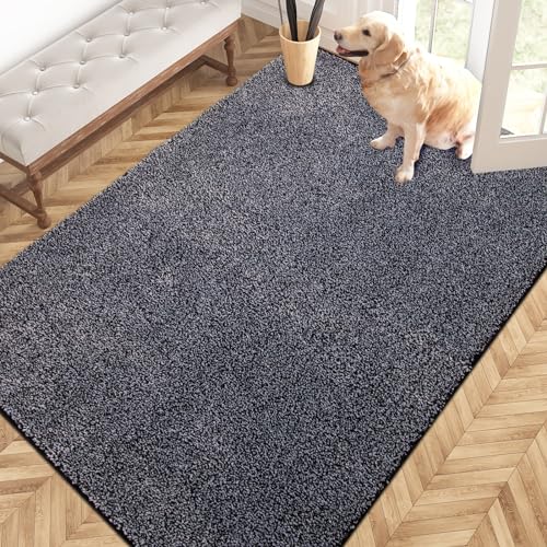 PURRUGS Easy Care Area Rug 4.5ft x 7ft, Non-Slip Washable Entryway Rug, Dog Door Mat, Pet Rug, Stain Resistant Accent Rug for Hallway, Living Room, Bedroom and Mudroom, Bluish Grey-Black