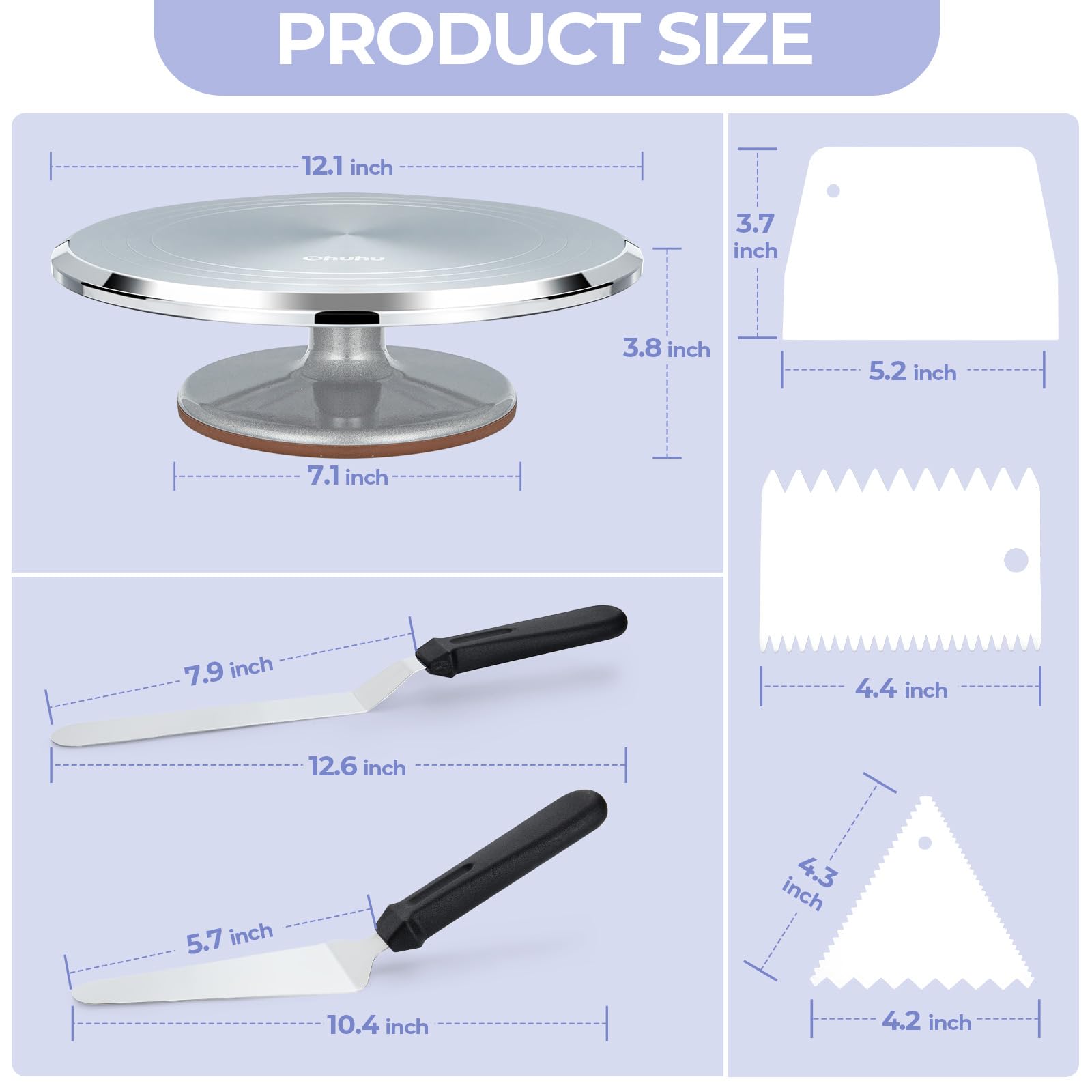 Cake Turntable, Ohuhu Aluminium 12'' Cake Decorating Kit Supplies Rotating Stand Revolving Spinner with 2 Icing Spatula 3 Comb Smoother