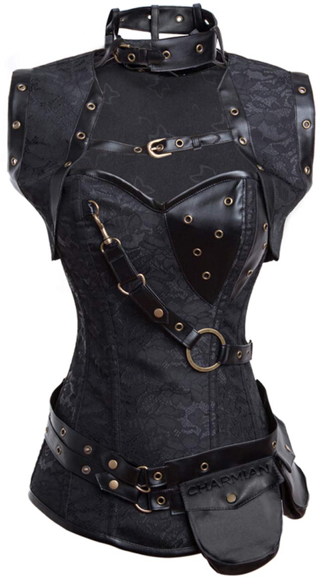 Charmian Women's Retro Goth Spiral Steel Boned Brocade Steampunk Bustiers Corset with Jacket and Belt Black X-Large