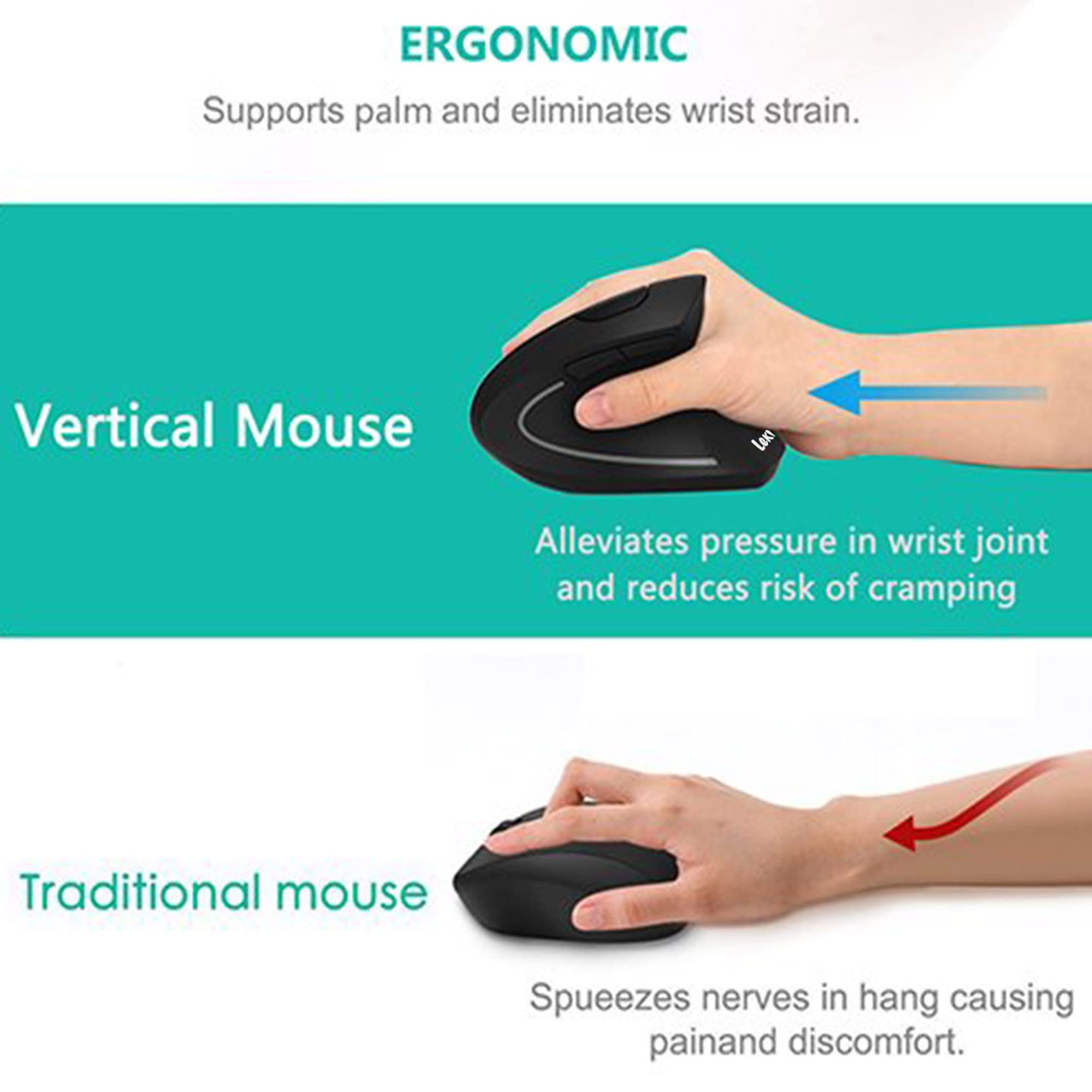 Lekvey Ergonomic Mouse, Vertical Wireless Mouse - Rechargeable 2.4GHz Optical Vertical Mice : 3 Adjustable DPI 800/1200/1600 Levels 6 Buttons, for Laptop, PC, Computer, Desktop, Notebook etc, Black