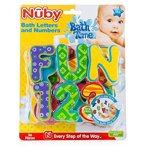 Nuby Floating Bath Tub Alphabet and Number Set, Soft Foam Educational Waterproof Letters and Numbers Toy, 36 Pieces